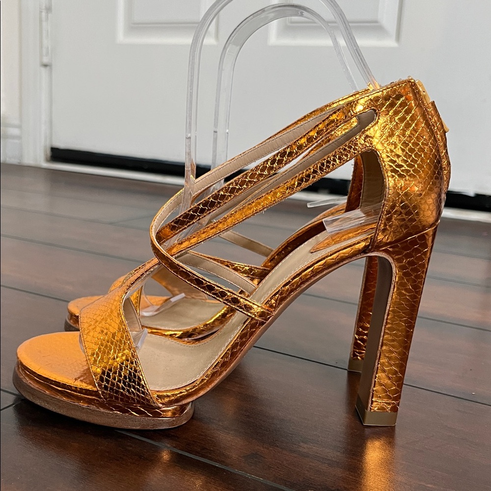 Chloe Women's Python Leather Sandals Heels Criss Cross Metallic Bronze size 36.5 - Picture 3 of 9